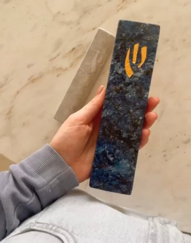 Blue Agatha granite mezuzah with modern gold letter