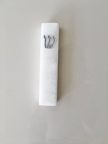 Snow white marble mezuza with silver letter