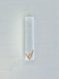 Snow white marble mezuzah with modern shin in gold