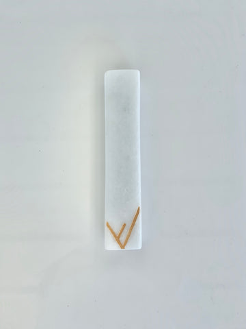 Snow white marble mezuzah with modern shin in gold